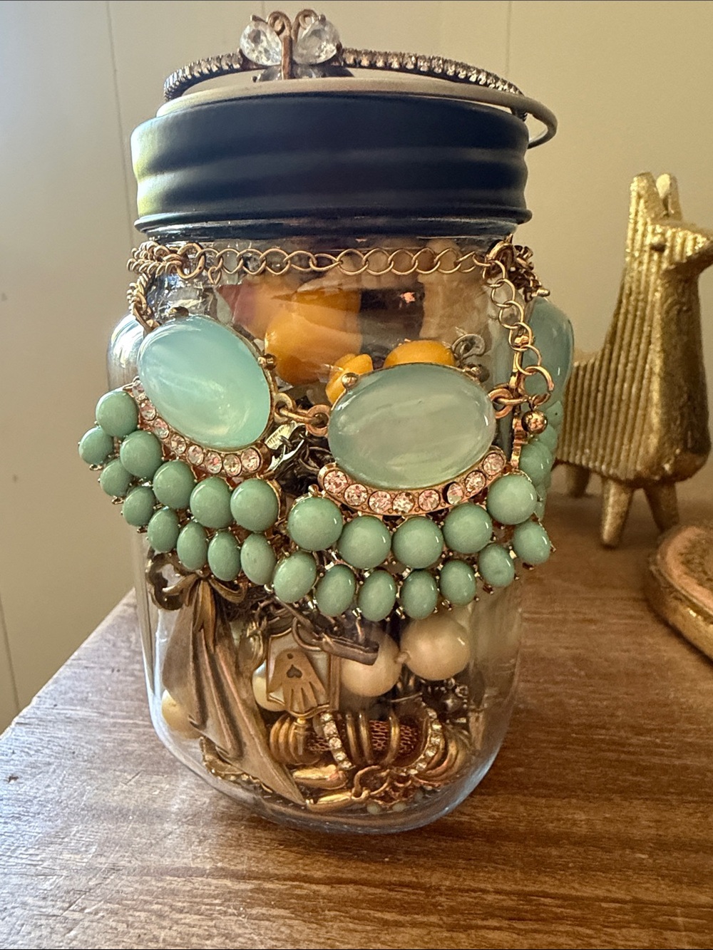 Dreams the cat brought in Statement jewelry jar - Mint Gold Silver & Teal Green